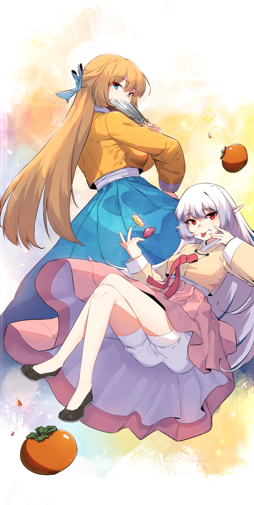 2girls, absurdres, alice_von_ataraxia, blonde_hair, blue_eyes, blue_ribbon, blue_skirt, bow