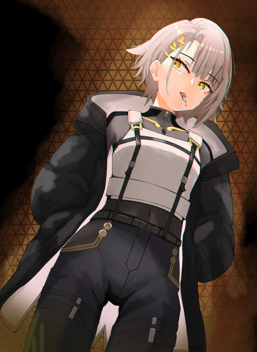 1girl, absurdres, black_jacket, black_pants, covered_navel, dutch_angle, english_commentary, girls'_frontline_2:_exilium, girls_frontline, grenade_pin, grey_hair, hands_in_pockets, highres, jacket, lotan, open_clothes, open_jacket, pants, solo, tongue, tongue_out, vector_(girls'_frontline), vest, white_vest, yellow_eyes