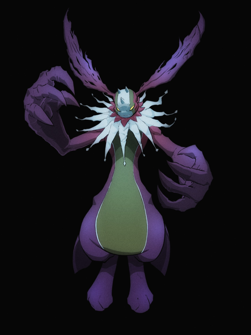 black_background, cherubimon, colored_skin, digimon, digimon_(creature), full_body, glowing, glowing_eyes, green_eyes, green_skin, highres, horns, no_pupils, purple_skin, simple_background, solo, steven_purifoy