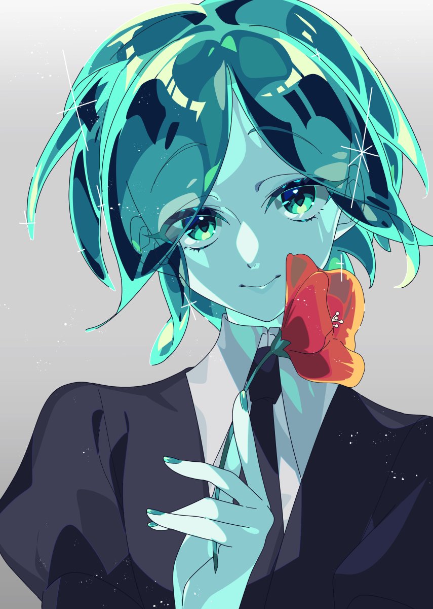 1other, aqua_eyes, aqua_hair, black_jacket, black_necktie, bumi0w0, commentary, flower