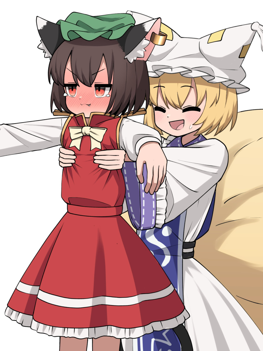 2girls, :3, :d, absurdres, animal_ear_fluff, animal_ear_piercing, animal_ears, arms_up, asakura_haru, blonde_hair, blue_tabard, blush, bow, bowtie, brown_eyes, brown_hair, cat_ears, cat_tail, chen, closed_eyes, commentary_request, double-parted_bangs, dress, earrings, embarrassed, fang, fang_out, fox_tail, full-face_blush, gold_trim, hair_between_eyes, happy, hat, highres, jewelry, long_sleeves, mob_cap, multiple_girls, multiple_tails, nekomata, open_mouth, petticoat, puffy_long_sleeves, puffy_sleeves, red_skirt, red_vest, short_hair, simple_background, single_earring, skirt, skirt_set, smile, tabard, tail, tearing_up, touhou, two_tails, v-shaped_eyebrows, vest, white_background, white_bow, white_bowtie, white_dress, wide_sleeves, yakumo_ran