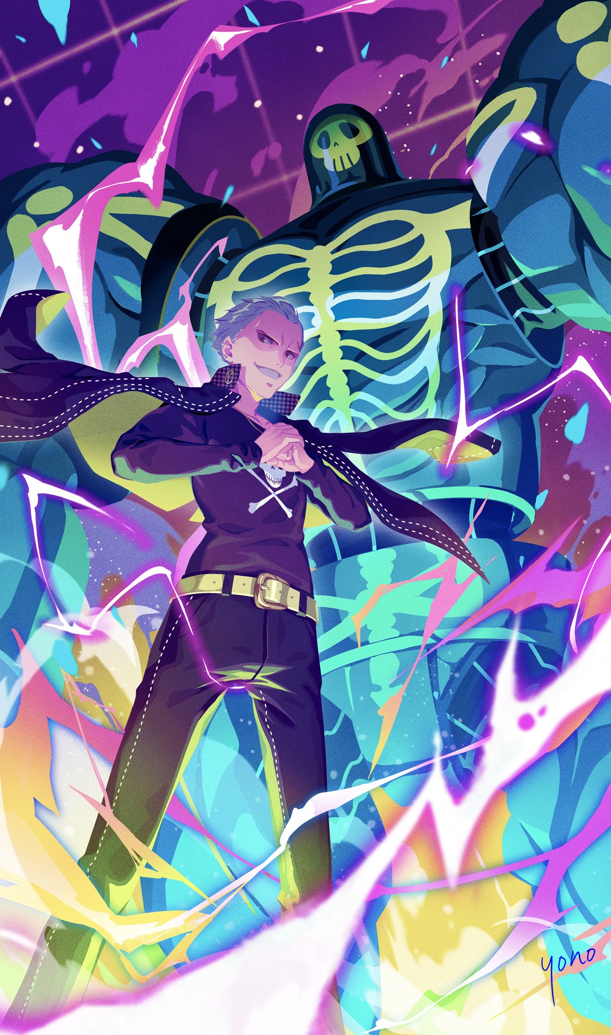 2boys, belt, black_jacket, black_pants, blonde_hair, electricity, fist_in_hand, from_below