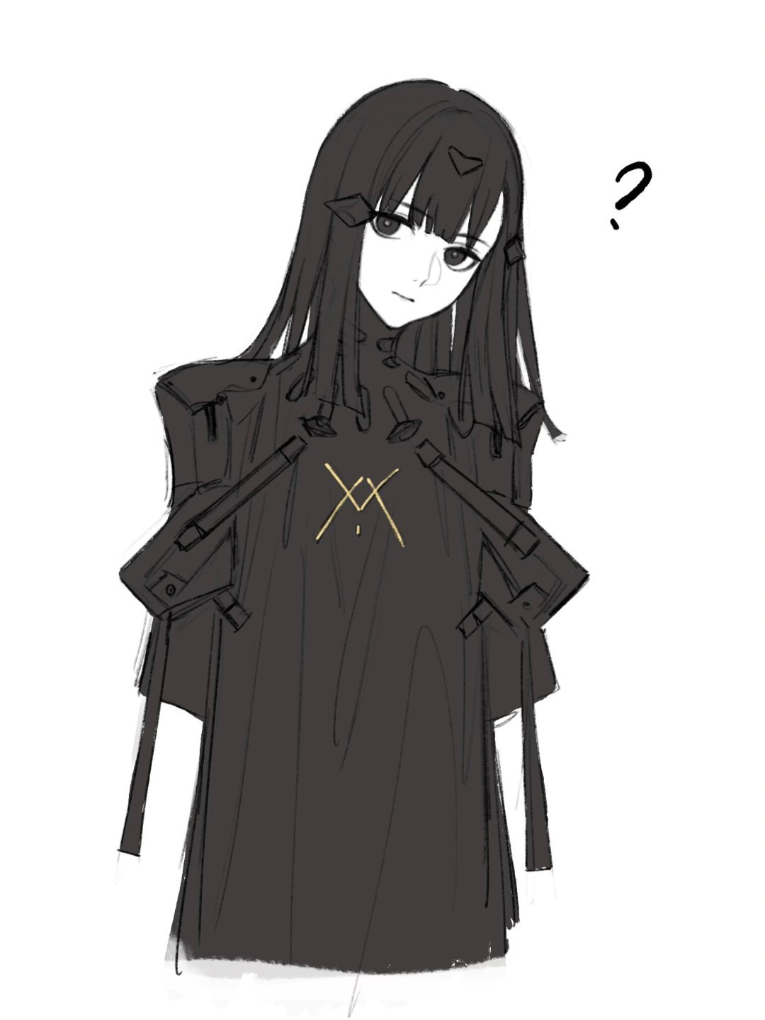 1girl, ?, arms_behind_back, black_eyes, black_hair, blunt_ends, chinese_commentary, choppy_bangs