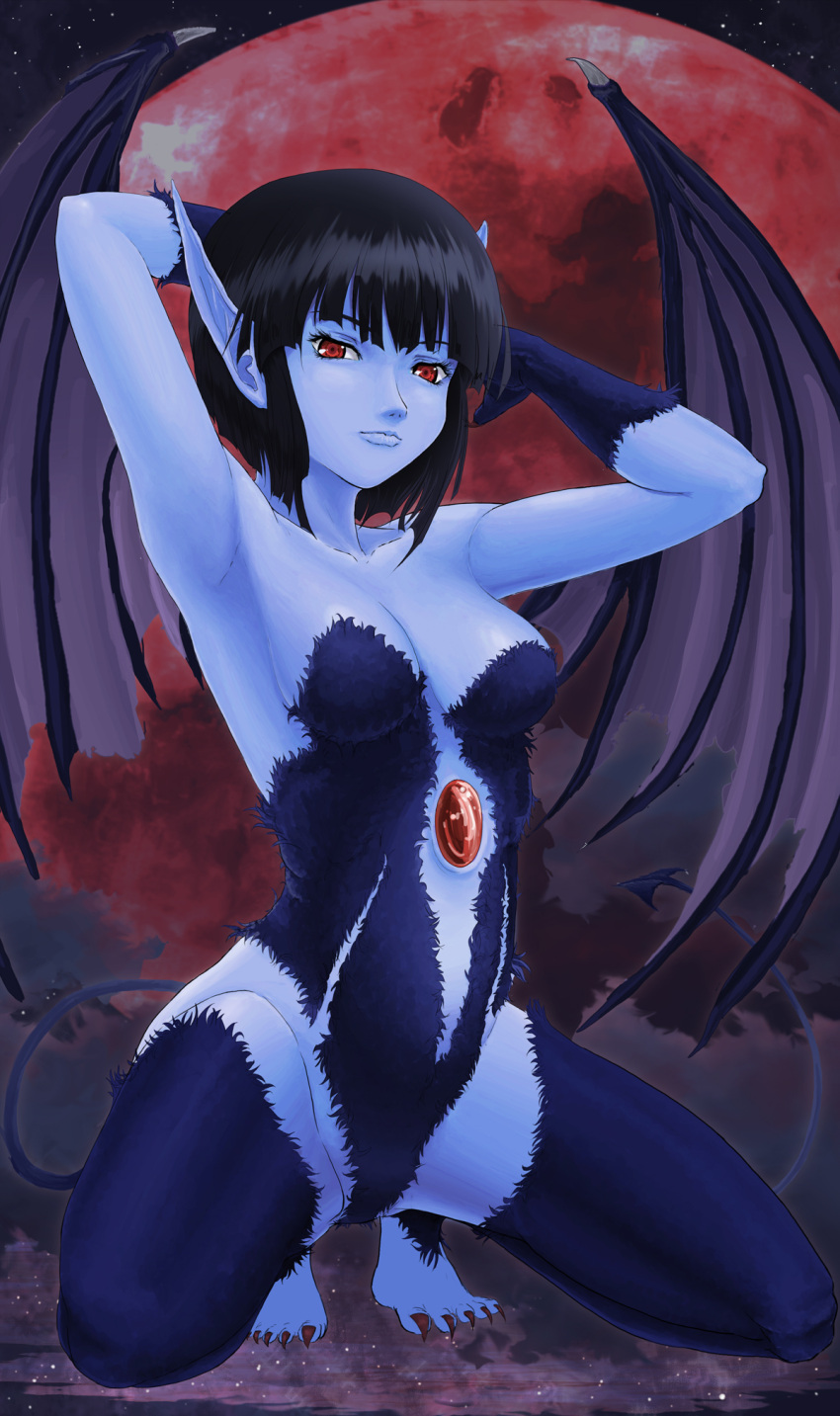 armpits, arms_behind_head, black_hair, blue_skin, blunt_bangs, demon_girl, demon_tail, demon_wings, female, full_moon, fur, highres, leotard, lilim_(monster_farm), monster_farm, moon, mora_man, pointy_ears, red_eyes, red_moon, short_hair, sky, solo, squatting, star_(sky), starry_sky, tail, thigh-highs, thighhighs, wings