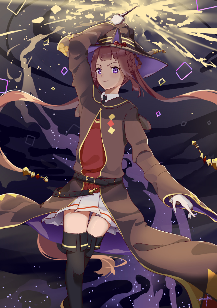 1girl, absurdres, animal_ears, arm_up, belt, boots, breasts, closed_mouth
