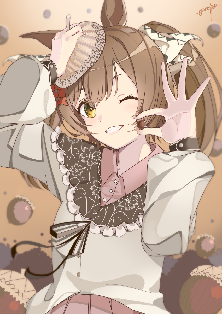 1girl, absurdres, acorn, alternate_costume, animal_ears, blurry, blurry_background, blush