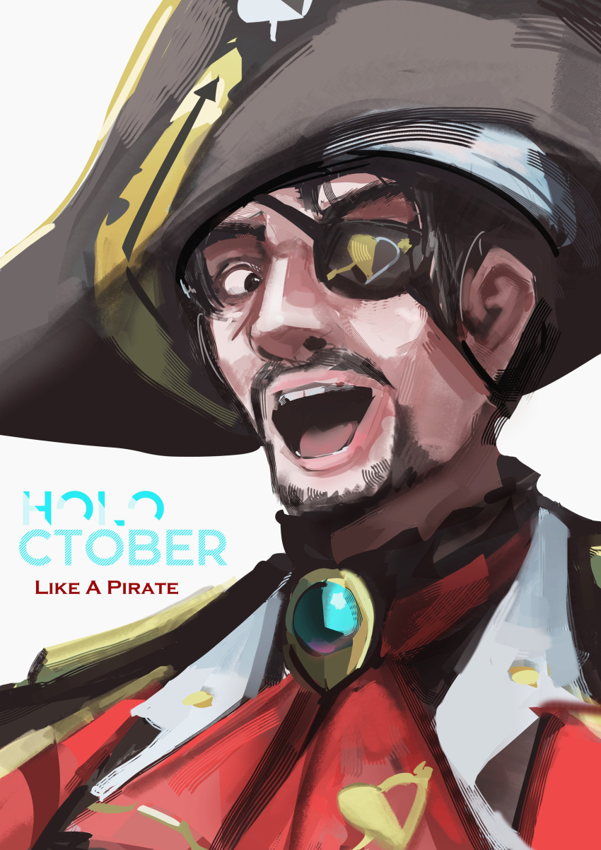 1boy, :d, absurdres, ago_(owenanaken), ascot, bicorne, black_eyes, black_hair, black_hat, brooch, commentary, cosplay, english_commentary, eyepatch, facial_hair, goatee, hat, highres, hololive, houshou_marine, houshou_marine_(1st_costume), houshou_marine_(cosplay), jacket, jewelry, looking_at_viewer, majima_goro, male_focus, open_mouth, pirate_hat, portrait, red_ascot, red_jacket, ryuu_ga_gotoku_(series), ryuu_ga_gotoku_8_gaiden, smile, solo, teeth, virtual_youtuber