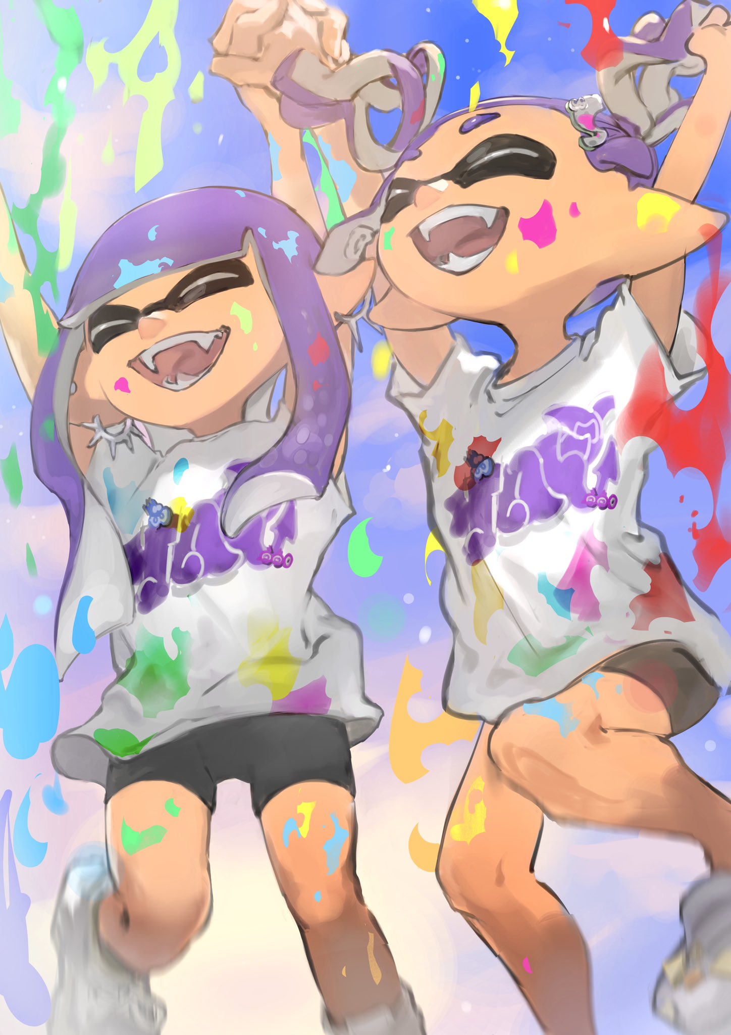 2girls, arms_up, bike_shorts, black_shorts, blunt_bangs, closed_eyes, earrings, fangs, ga4me4, happy, highres, holding_hands, inkling, inkling_girl, inkling_player_character, jewelry, jumping, long_hair, multiple_girls, open_mouth, paint_splatter, pointy_ears, print_shirt, purple_hair, shirt, short_sleeves, short_twintails, shorts, sidelocks, splatoon_(series), splatoon_3, suction_cups, tentacle_hair, twintails, white_footwear, white_shirt
