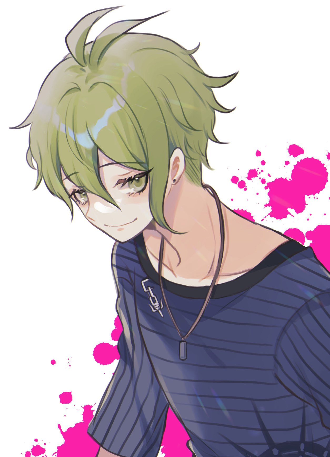 1boy, amami_rantaro, antenna_hair, blood, blood_splatter, closed_mouth, collarbone, danganronpa_(series)