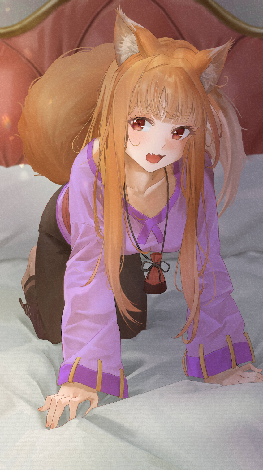 1girl, absurdres, all_fours, animal_ears, black_pants, blush, breasts, brown_hair