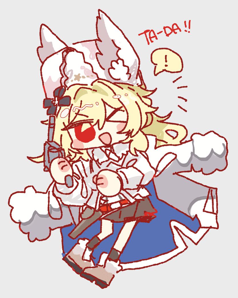 1girl, ;d, animal_ears, blonde_hair, chibi, coat, fake_animal_ears, full_body