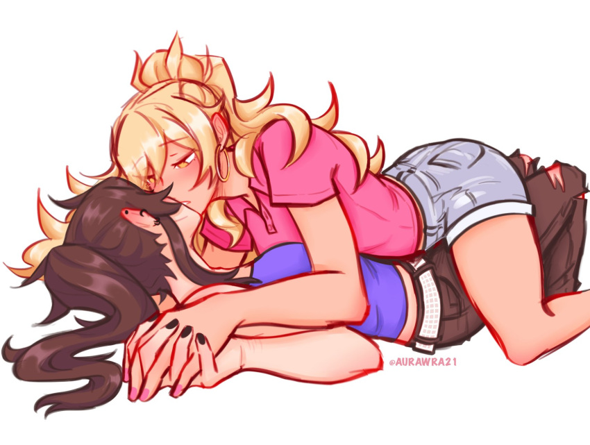 aurora_(aurawra21), black_hair, black_nails, blonde_hair, blue_shirt, blush, class_of_09, denim
