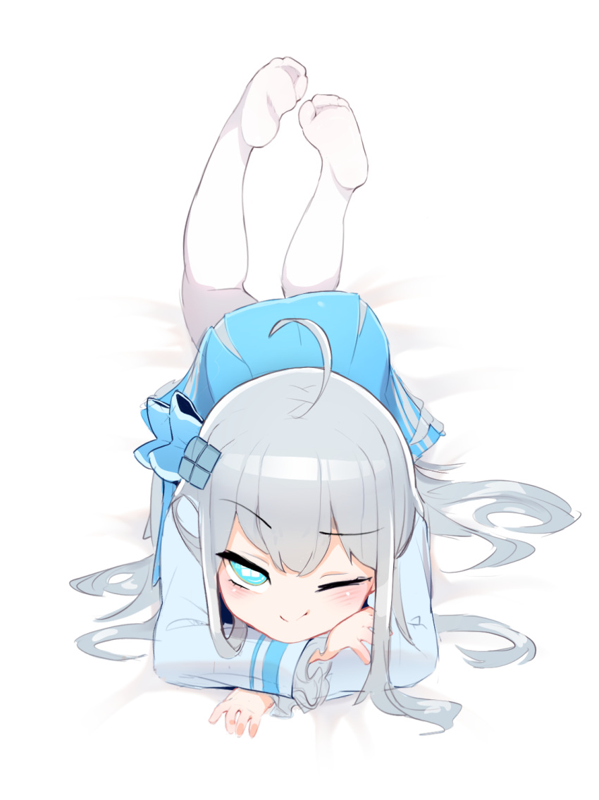 1girl, ahoge, arm_rest, blue_dress, blue_eyes, blush, bow, closed_mouth