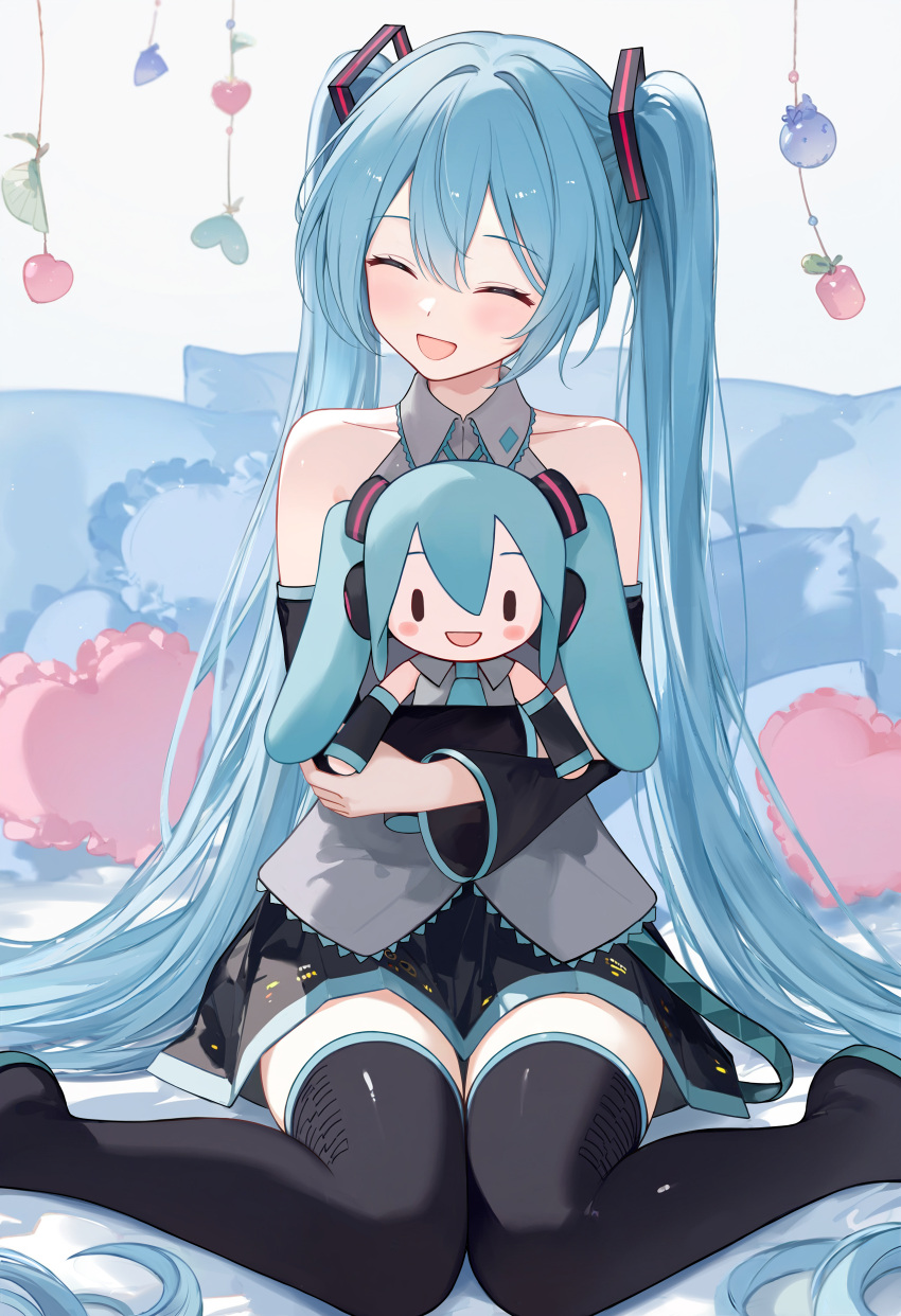 1girl, :d, ^_^, absurdly_long_hair, absurdres, aqua_hair, bare_shoulders, black_skirt