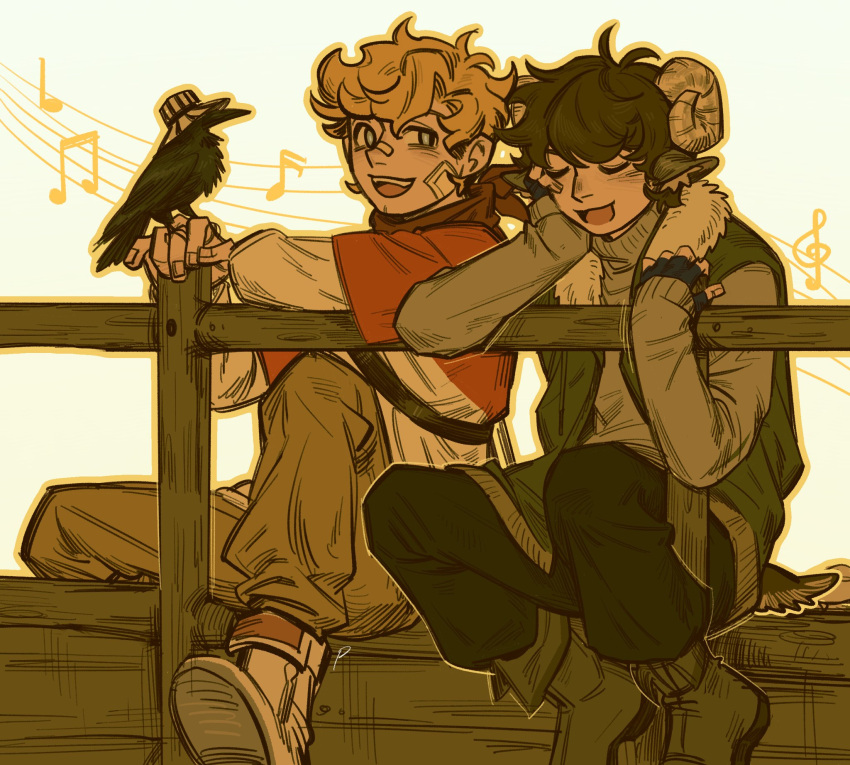 2boys, adapted_costume, animal_ears, animification, bird, bird_on_hand, blonde_hair, blue_eyes