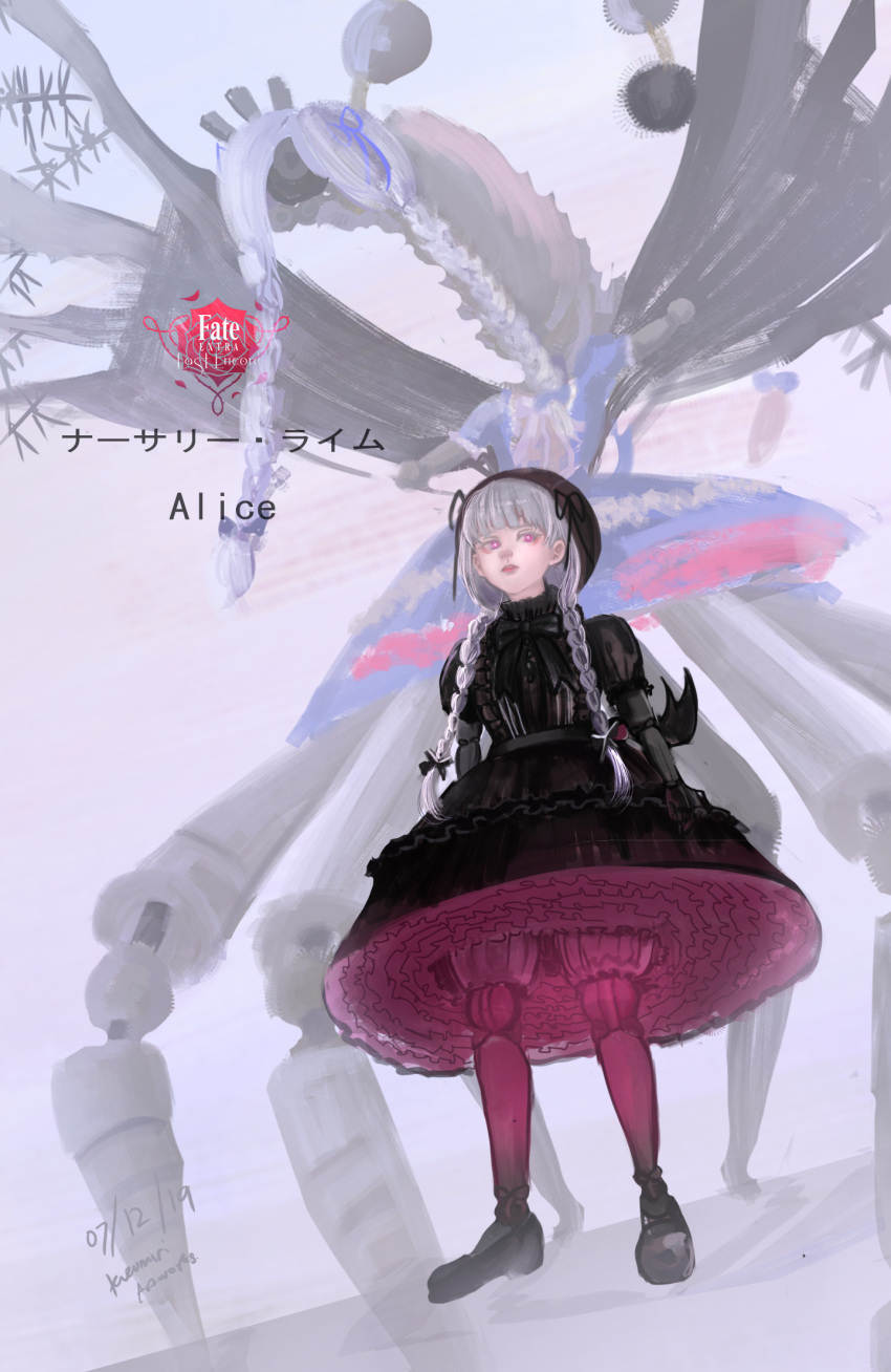 alice_(fate), alternate_form, beret, black_bow, black_dress, black_gloves, black_hat, blue_ribbon