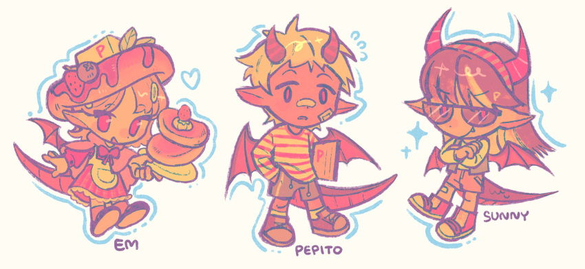 1boy, 2girls, apron, bow, chibi, chibi_only, commentary, crossed_arms