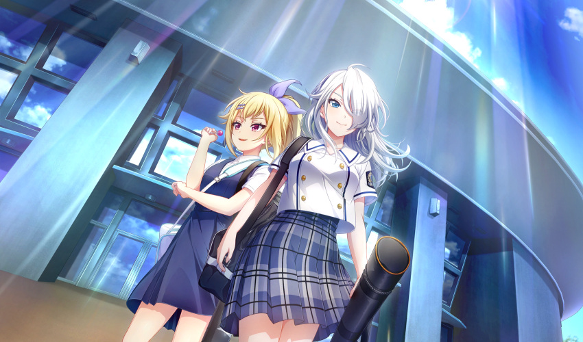 2girls, bag, baseball_stadium, black_bag, blonde_hair, blue_dress, blue_eyes, bow