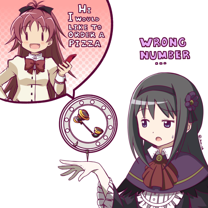 1girl, akemi_homura, ascot, black_hair, black_hairband, cellphone, confused, english_text, hairband, highres, holding, holding_phone, kuro_ink, mahou_shoujo_madoka_magica, mahou_shoujo_madoka_magica:_walpurgis_no_kaiten, phone, red_ascot, red_eyes, redhead, sakura_kyoko, speech_bubble, white_background