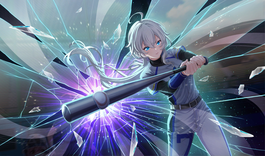 ahoge, baseball, baseball_(object), baseball_bat, baseball_stadium, baseball_uniform, belt, belt_buckle