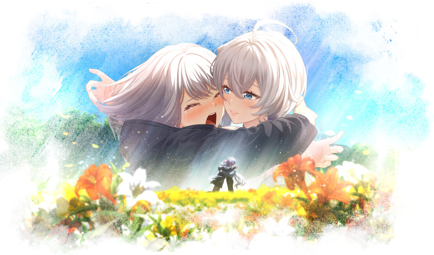2girls, black_hoodie, black_pants, black_pantyhose, black_skirt, blue_eyes, blush, cinderella_series