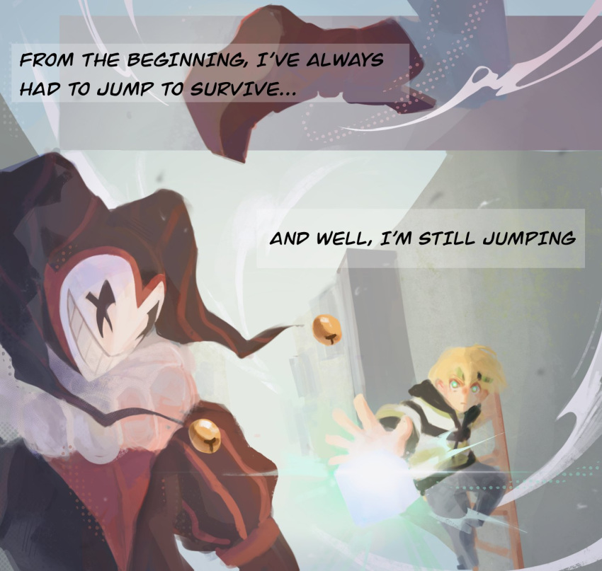 2boys, blonde_hair, clownpierce, commentary, english_commentary, english_text, green_eyes, highres, jester, minecraft, multiple_boys, parkour, parkour_civilization, sayaendo_san, scene_reference, short_hair, spoilers