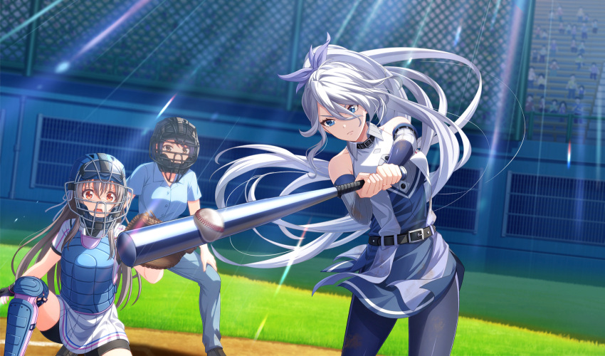 3girls, baseball, baseball_(object), baseball_bat, baseball_mitt, baseball_stadium, baseball_uniform, bike_shorts_under_skirt