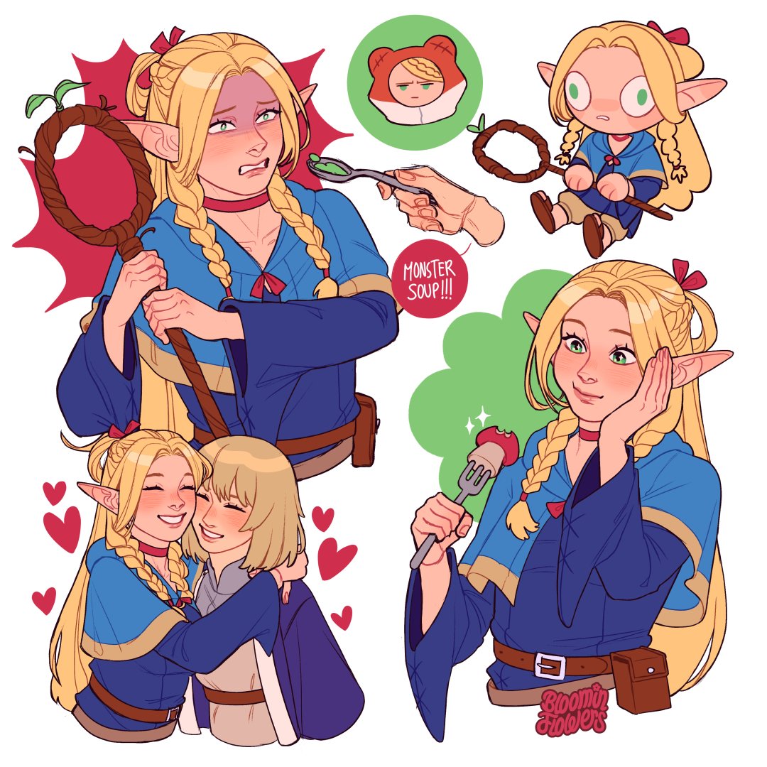 2girls, ambrosia_(dungeon_meshi), belt, belt_pouch, blonde_hair, bloominflowers, blue_capelet, blue_robe, brown_belt, capelet, choker, disembodied_hand, dungeon_meshi, elf, english_text, falin_touden, fork, green_eyes, heart, holding, holding_fork, holding_spoon, holding_staff, hood, hooded_capelet, hug, long_hair, marcille_donato, multiple_girls, multiple_views, pointy_ears, pouch, red_choker, robe, sparkle, speech_bubble, spoon, staff