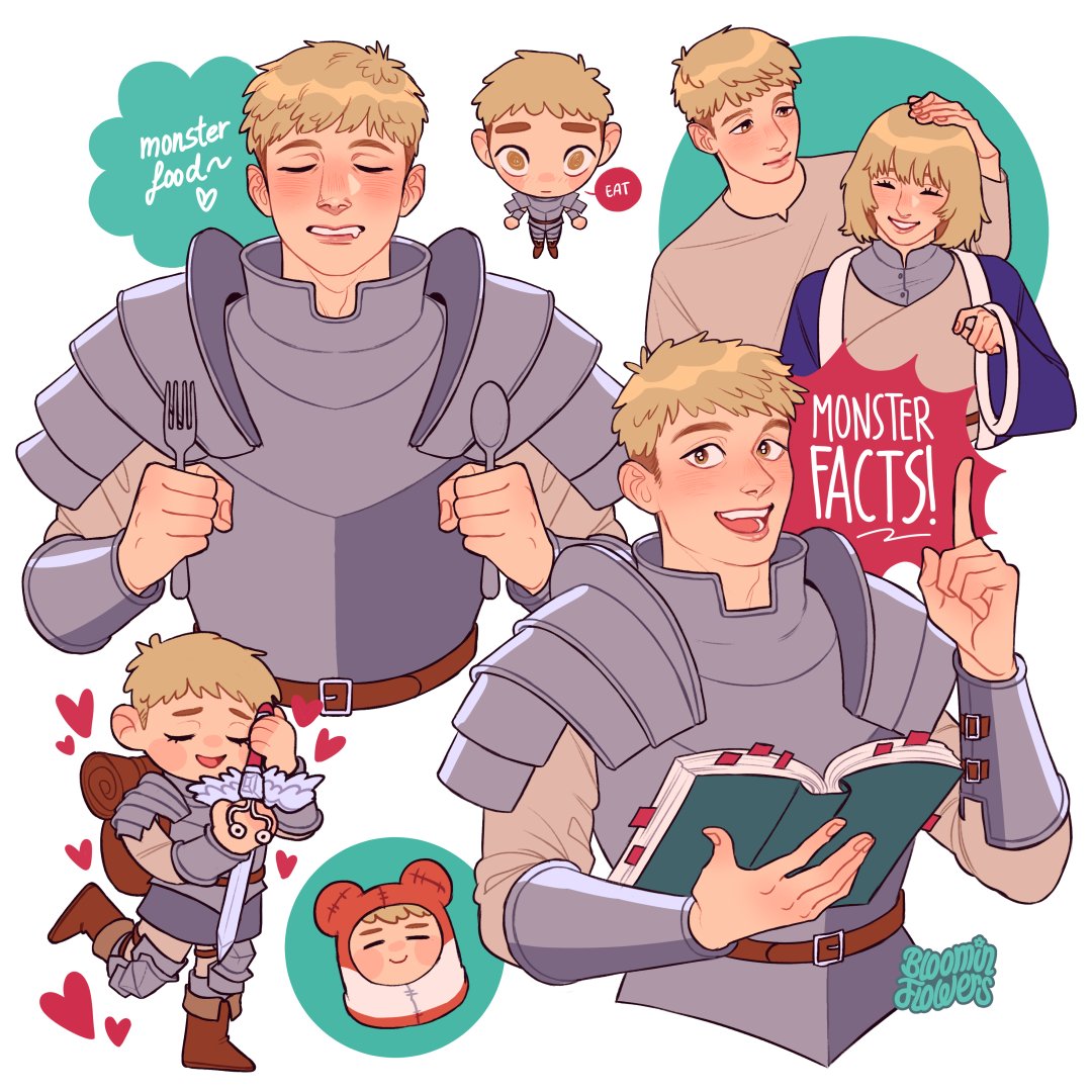 1boy, 1girl, armor, artist_name, belt, blonde_hair, bloominflowers, book