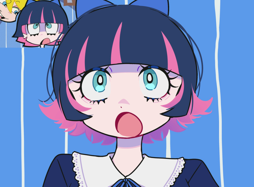 1girl, :o, alternate_hair_length, alternate_hairstyle, blue_background, blue_bow, blue_dress, blue_eyes