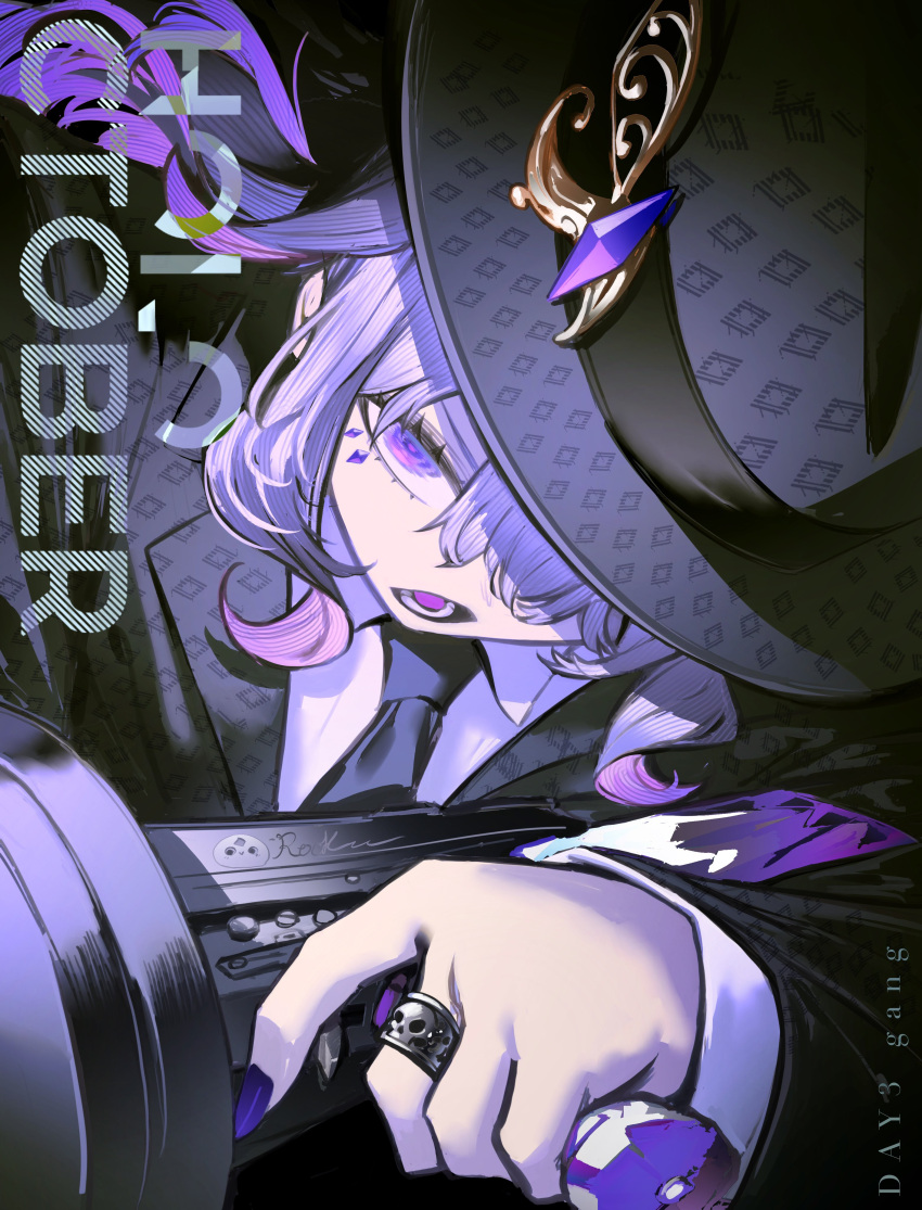 1girl, absurdres, fedora, gem, grey_hair, gun, hair_over_one_eye, hat
