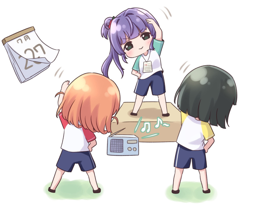 >:), 3girls, :>, aqua_sleeves, arm_up, beamed_eighth_notes, black_hair, blue_shorts, blunt_ends, calendar_(object), cerise_bouquet, closed_mouth, deformed, eighth_note, flower, green_eyes, hair_bun, hair_flower, hair_ornament, hand_on_own_hip, hasu_no_sora_gym_uniform, highres, hinoshita_kaho, lanyard, legs_apart, link!_like!_love_live!, long_hair, love_live!, medium_hair, momose_ginko, multiple_girls, musical_note, official_alternate_costume, orange_hair, otomune_kozue, purple_hair, radio, radio_calisthenics, red_flower, red_sleeves, ritaso, shirt, short_hair, short_sleeves, shorts, side_ponytail, sidelocks, single_side_bun, smile, standing, stretching, two_side_up, v-shaped_eyebrows, virtual_youtuber, white_background, white_shirt, yellow_sleeves