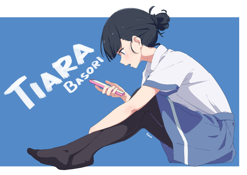 1girl, artist_name, basori_tiara, black_hair, black_pantyhose, blue_background, blue_eyes, blue_skirt
