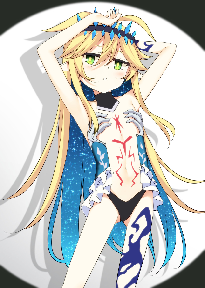 1girl, absurdres, antenna_hair, arai_togami, arms_up, bare_shoulders, black_panties, blonde_hair