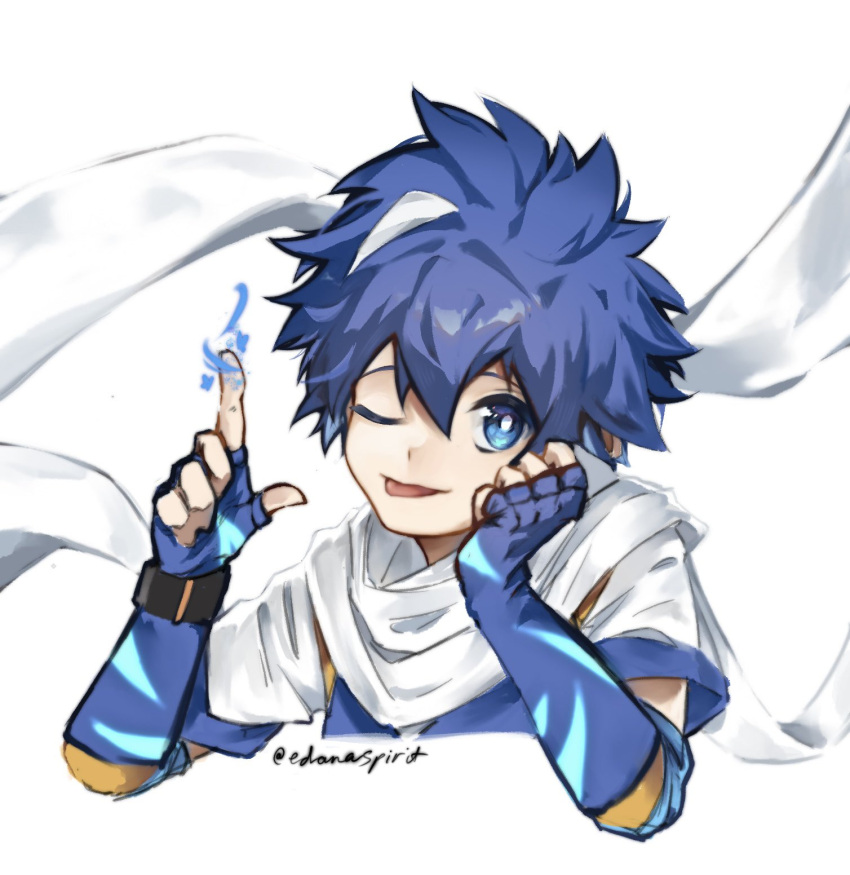1boy, 3da_sp, blue_eyes, blue_gloves, blue_hair, boboiboy_galaxy, character_request, elbow_gloves