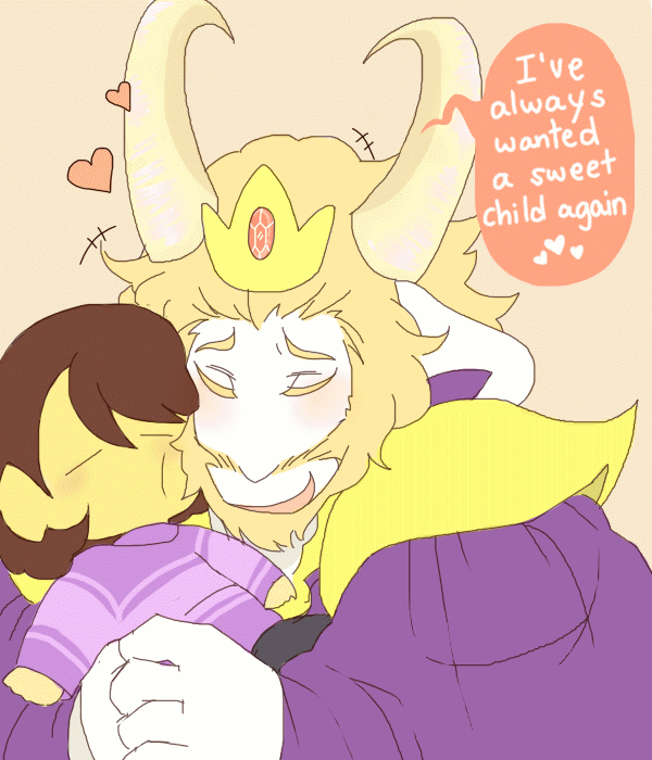1boy, 1other, 2015, 2d, ambiguous_gender, animated, animated_gif, anthro, asgore_dreemurr, beard, blonde_hair, brown_hair, cape, carrying, carrying_person, child, closed_eyes, crown, digital_media, duo, facial_hair, floppy_ears, frisk_(undertale), fur, furry, furry_male, goat, goat_boy, goat_ears, goat_horns, hair, heart, horns, hug, human, looping_animation, male, mamaito, mammal, monster, monster_boy, nuzzle, orange_background, pauldrons, purple_cape, short_hair, simple_background, size_difference, speech_bubble, text, undertale, upper_body, white_fur, white_horns