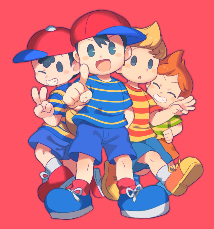 4boys, :d, :o, ^_^, arm_behind_back, backpack, bag, baseball_cap
