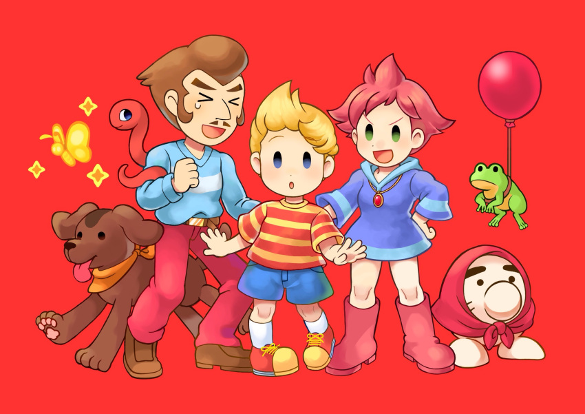 >_<, 1girl, 2boys, :d, :o, balloon, bandana, bandana_around_neck