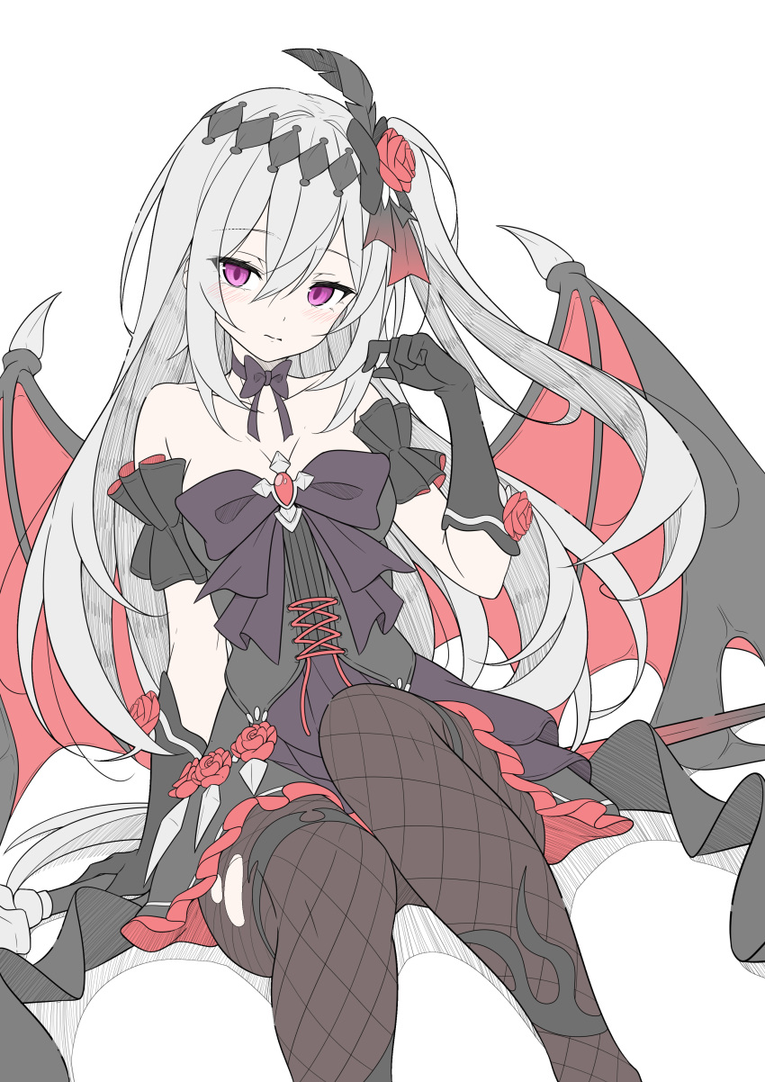 1girl, absurdres, bare_shoulders, bat_wings, black_bow, black_bowtie, black_dress, black_gloves