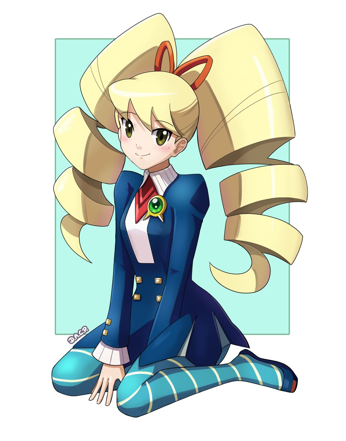 1girl, artist_name, blonde_hair, blue_dress, blue_footwear, blue_pantyhose, blush, bow