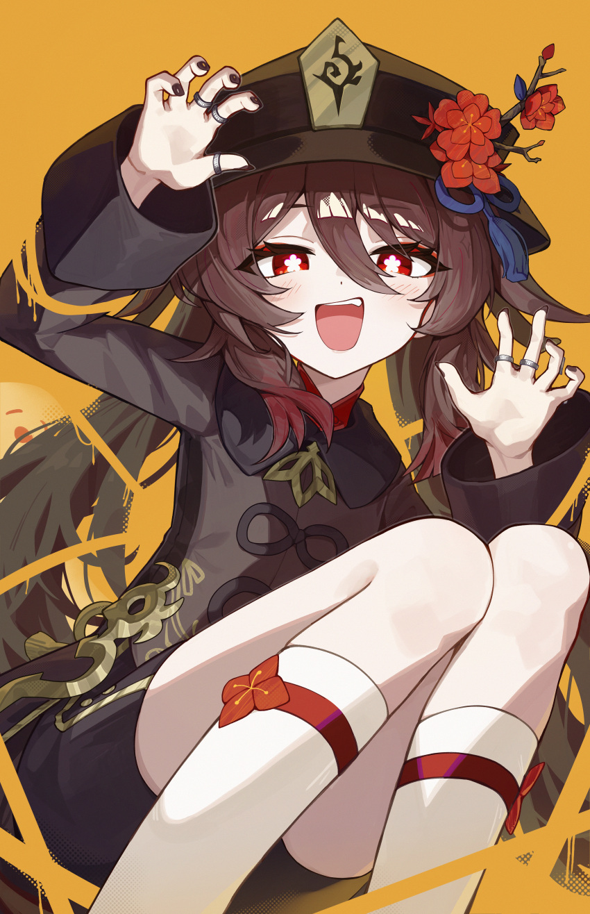 1girl, absurdres, black_nails, black_shorts, blush, boo_tao_(genshin_impact), brown_coat, brown_hair