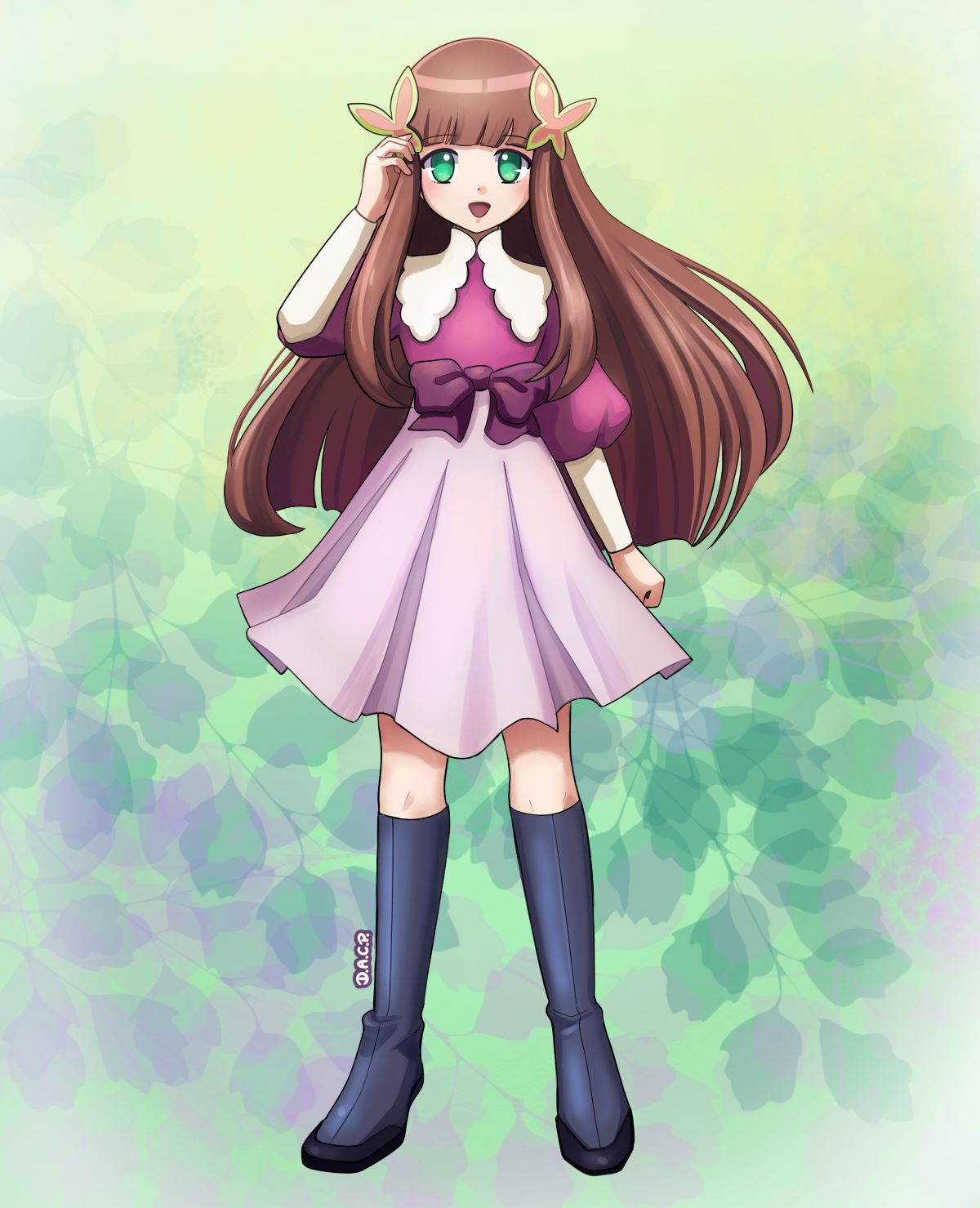 1girl, :d, artist_name, blunt_bangs, boots, brown_hair, butterfly_hair_ornament, deniacp