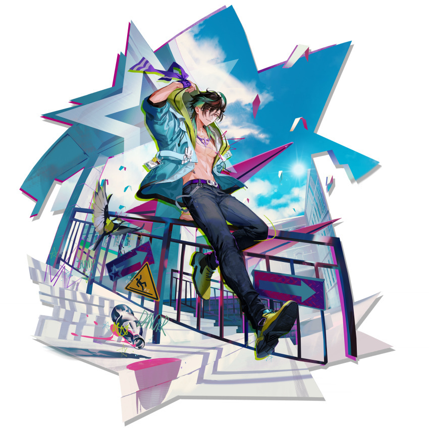 1boy, abs, aqua_jacket, arknights, bandana, bare_pectorals, belt, black_hair