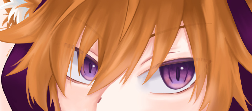 1boy, absurdres, animal_ears, animification, close-up, commentary, english_commentary, eye_focus, hair_between_eyes, highres, hood, hood_up, kohane_(kohanezuka), lifesteal_smp, looking_at_viewer, male_focus, minecraft_youtube, orange_hair, purple_hood, short_hair, slit_pupils, solo, violet_eyes, vitalasy