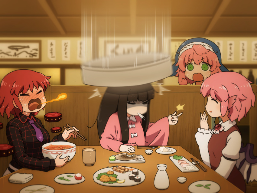 4girls, animal_ears, bathtub, bird_ears, black_hair, black_shirt, blurry, blurry_background