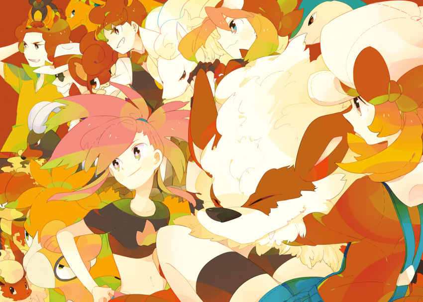 3girls, :3, afro, arcanine, blaine_(pokemon), bow, bowtie, brown_hair