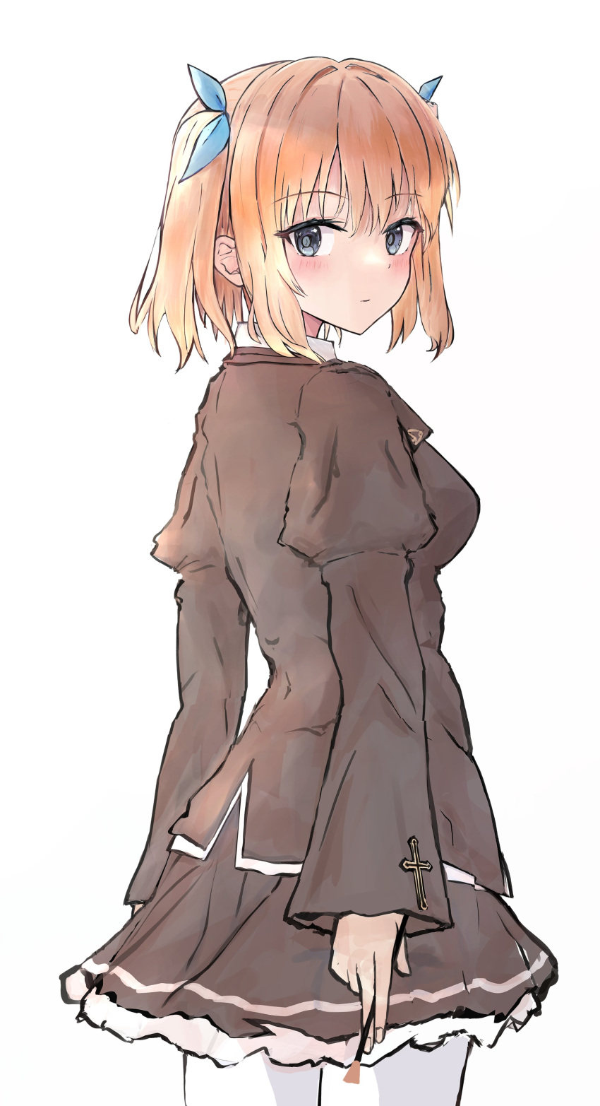 1girl, absurdres, arms_at_sides, blonde_hair, blue_eyes, blue_ribbon, blush, brown_jacket