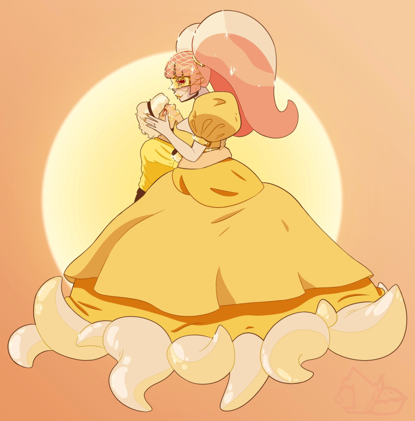 1boy, 1girl, blonde_hair, cthulhu_mythos, d_(sucker_for_love), dress, estir, highres