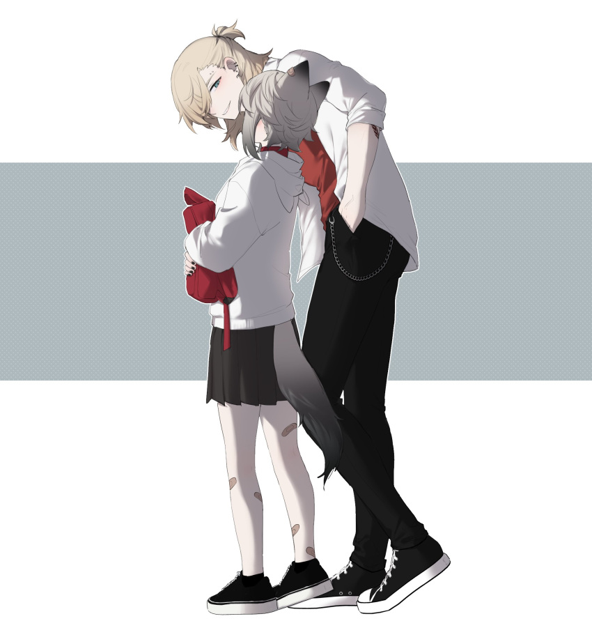 1boy, 1girl, bandaid, black_skirt, blonde_hair, cat_girl, cat_tail, commentary