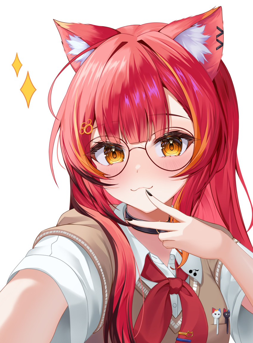 1girl, :3, absurdres, animal_ears, black_collar, black_hair, black_nails, breast_pocket